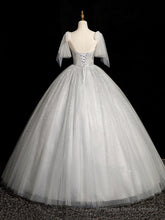 Gray Sparkly Tulle Long Scoop Neckline Prom Dress, Beautiful A-Line Evening Party Dress